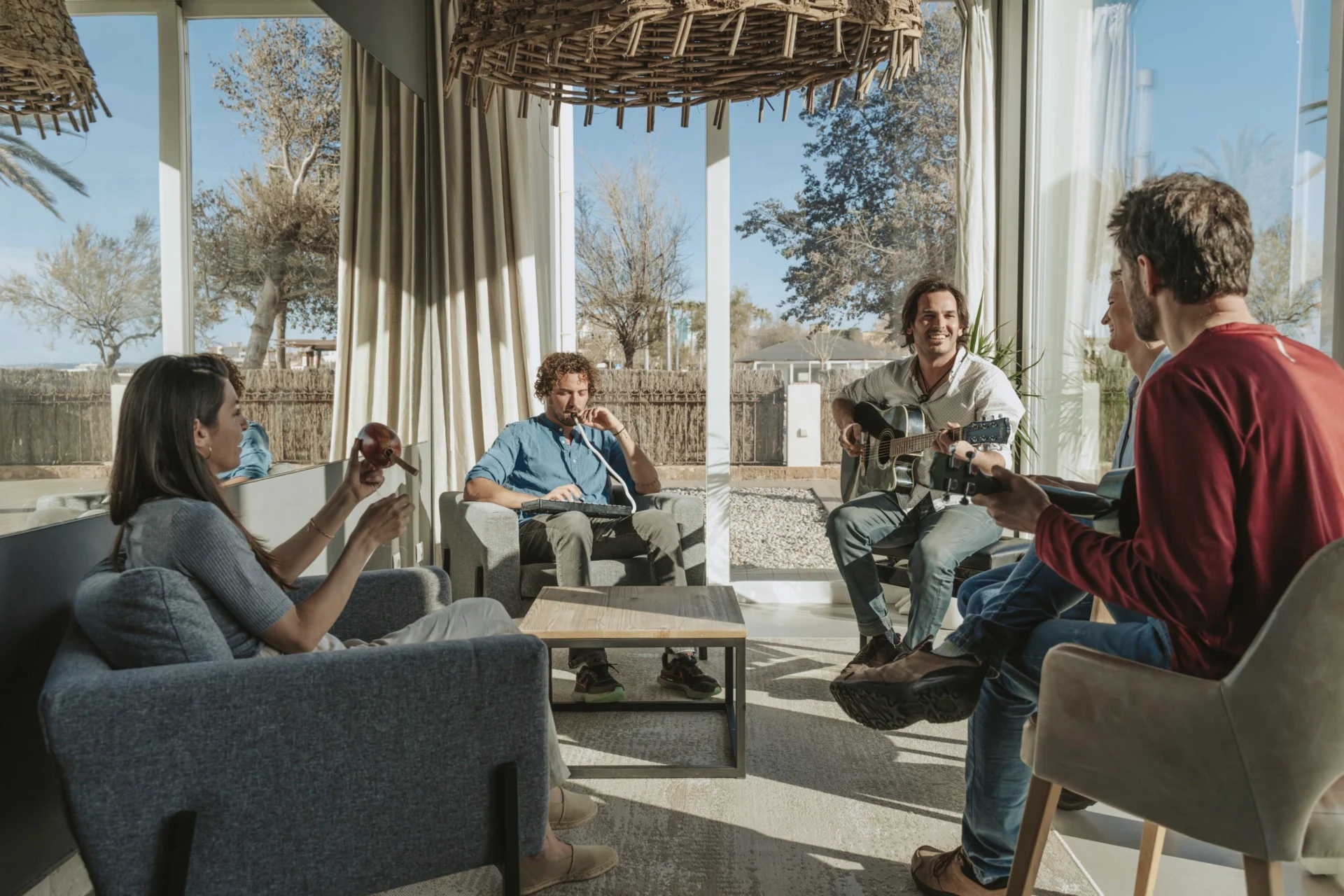 People talking in a bright living room